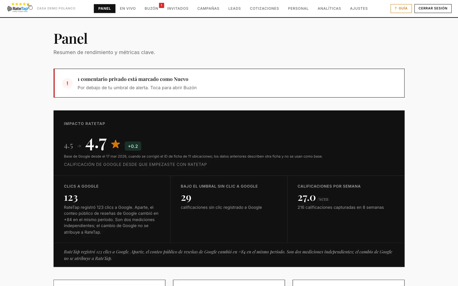 RateTap dashboard with ratings by server and location