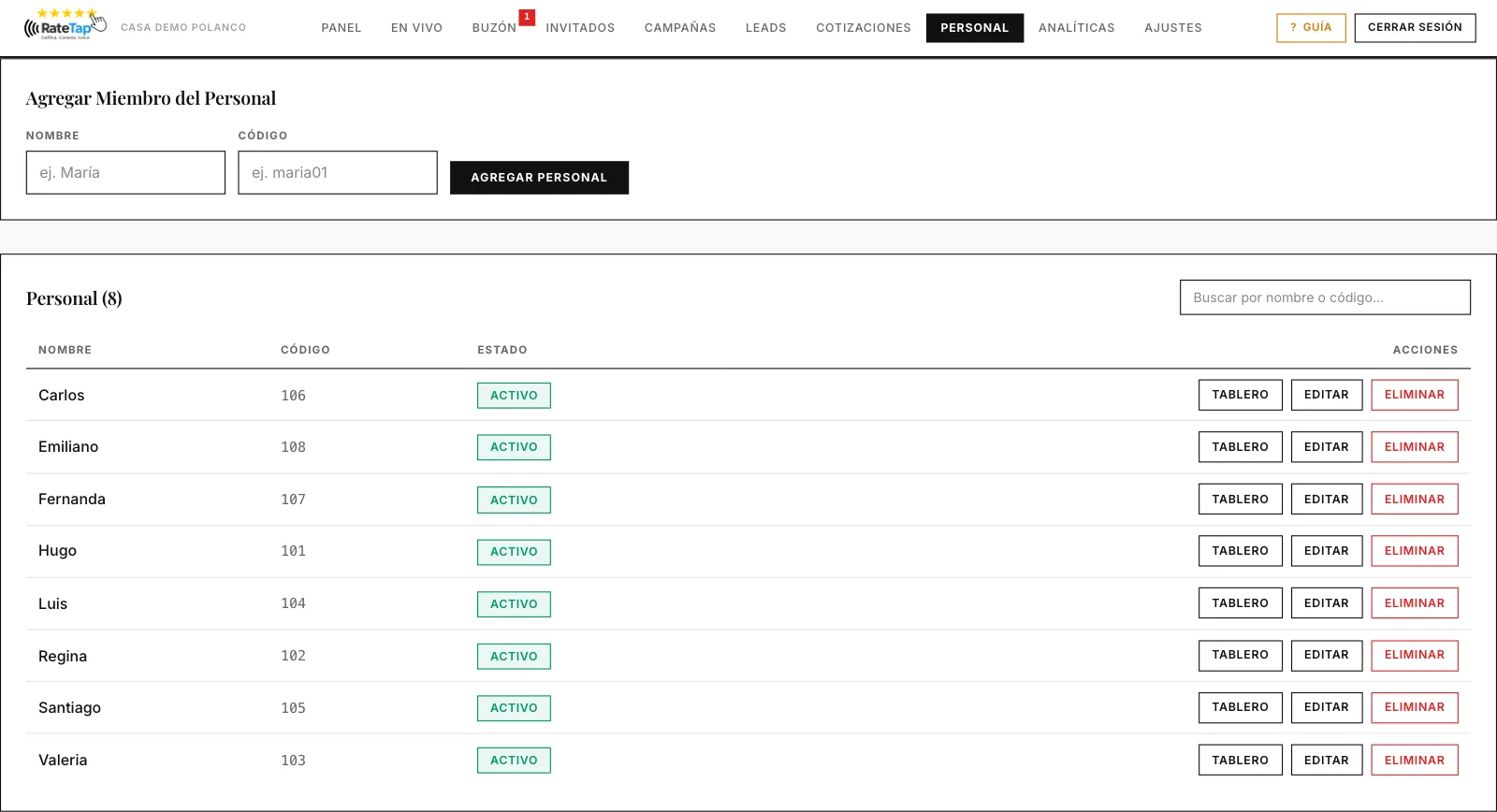 Staff page listing servers and their QR codes